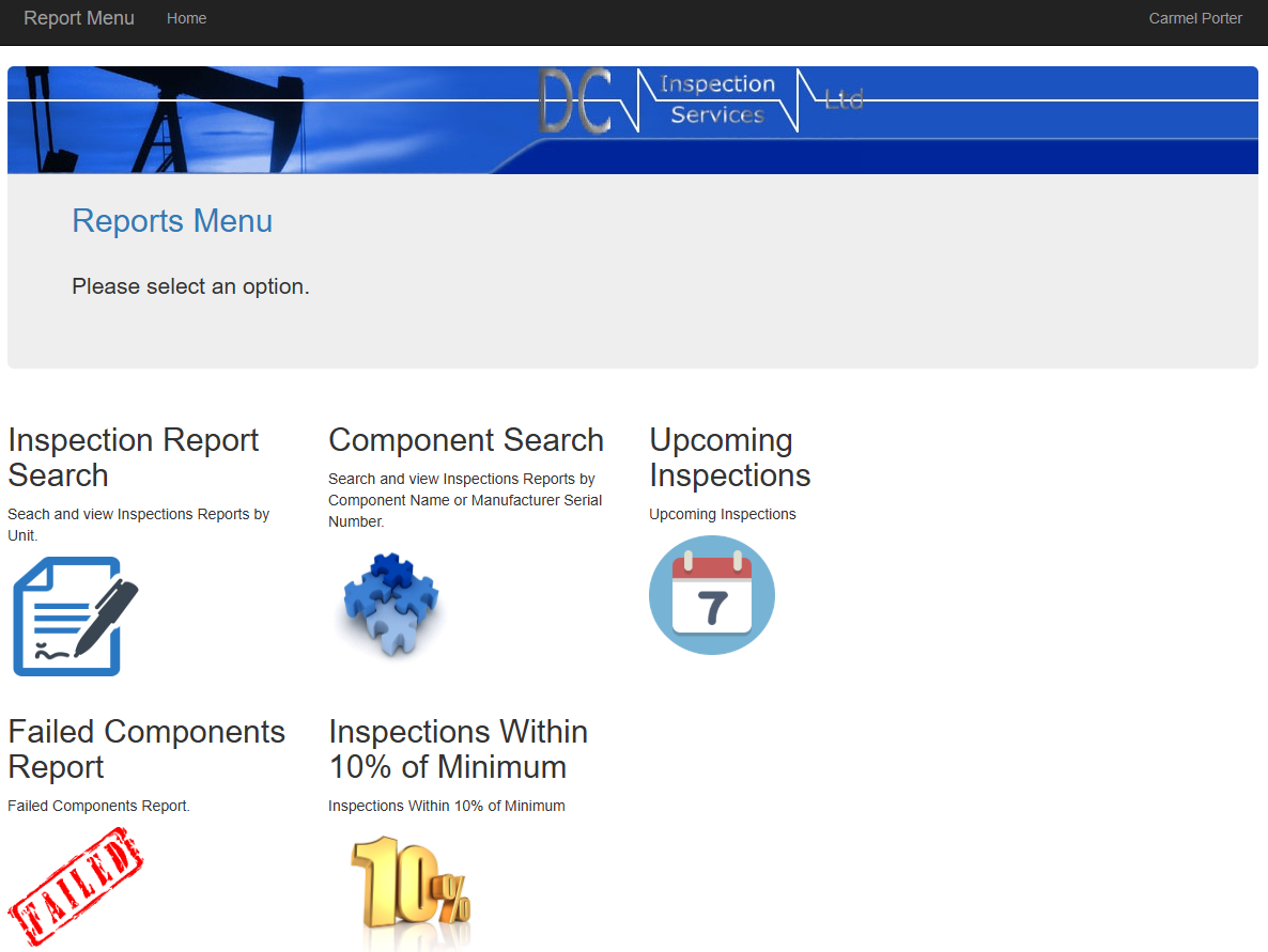 DC Inspection reporting platform — reports menu with Inspection Report Search, Component Search, Upcoming Inspections, and Failed Components Report