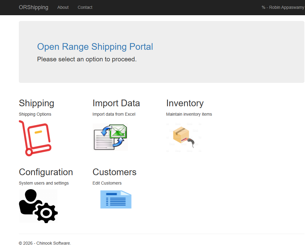 ORShipping portal home menu — the Open Range Shipping Portal with Shipping, Import Data, Inventory, Configuration, and Customers options