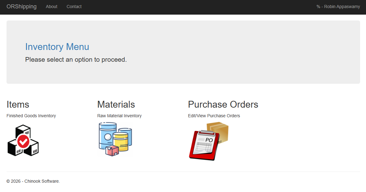 ORShipping portal inventory menu — Items, Materials, and Purchase Orders