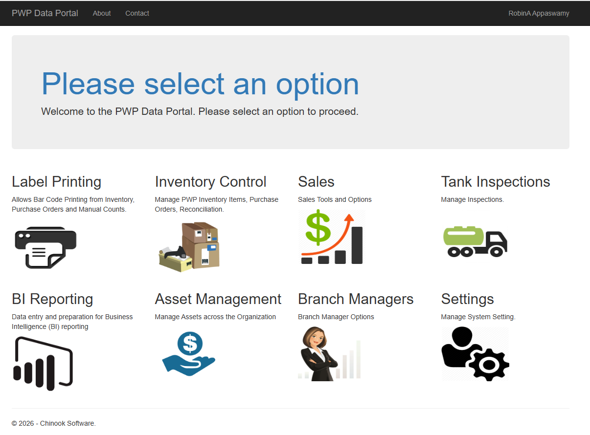 PWP Data Portal home menu — Label Printing, Inventory Control, Sales, Tank Inspections, BI Reporting, Asset Management, Branch Managers, and Settings