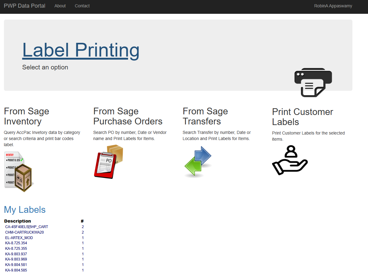 PWP Data Portal label printing screen, driven from Sage inventory, purchase orders, and transfers